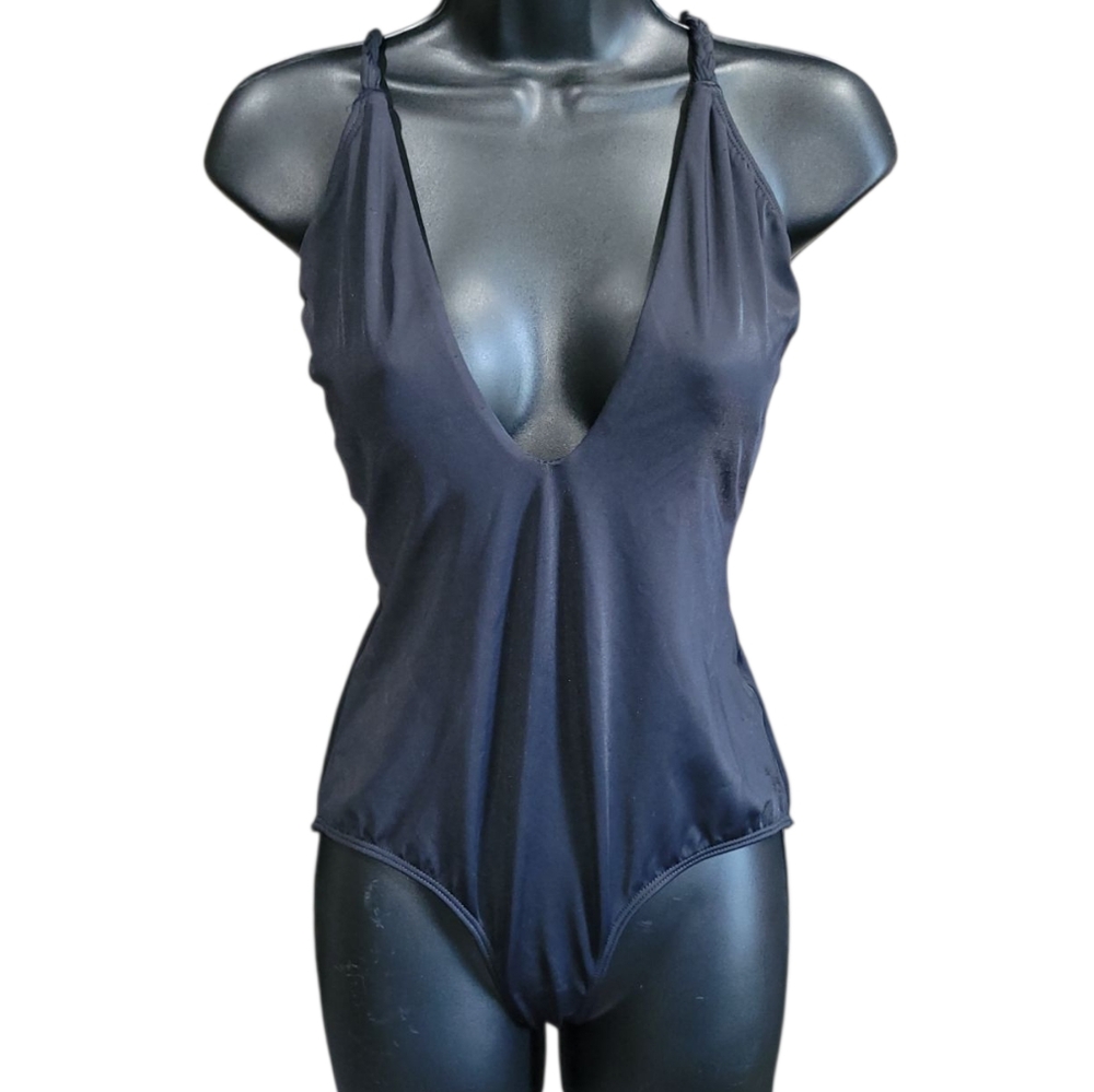 JustFab black deep V one piece bathing suit with braided Boho straps Size M